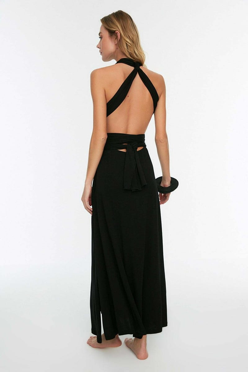 Halter Neck Plunge Black Women's Dress - Maxi Dresses 24