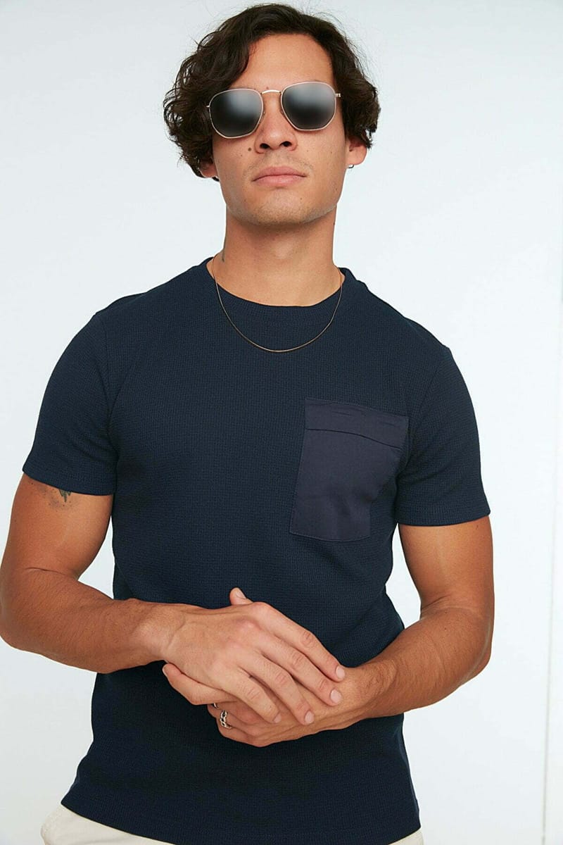 Navy Pocket Detail Crew Neck Men's T-Shirt - Short Sleeve T-Shirt 29