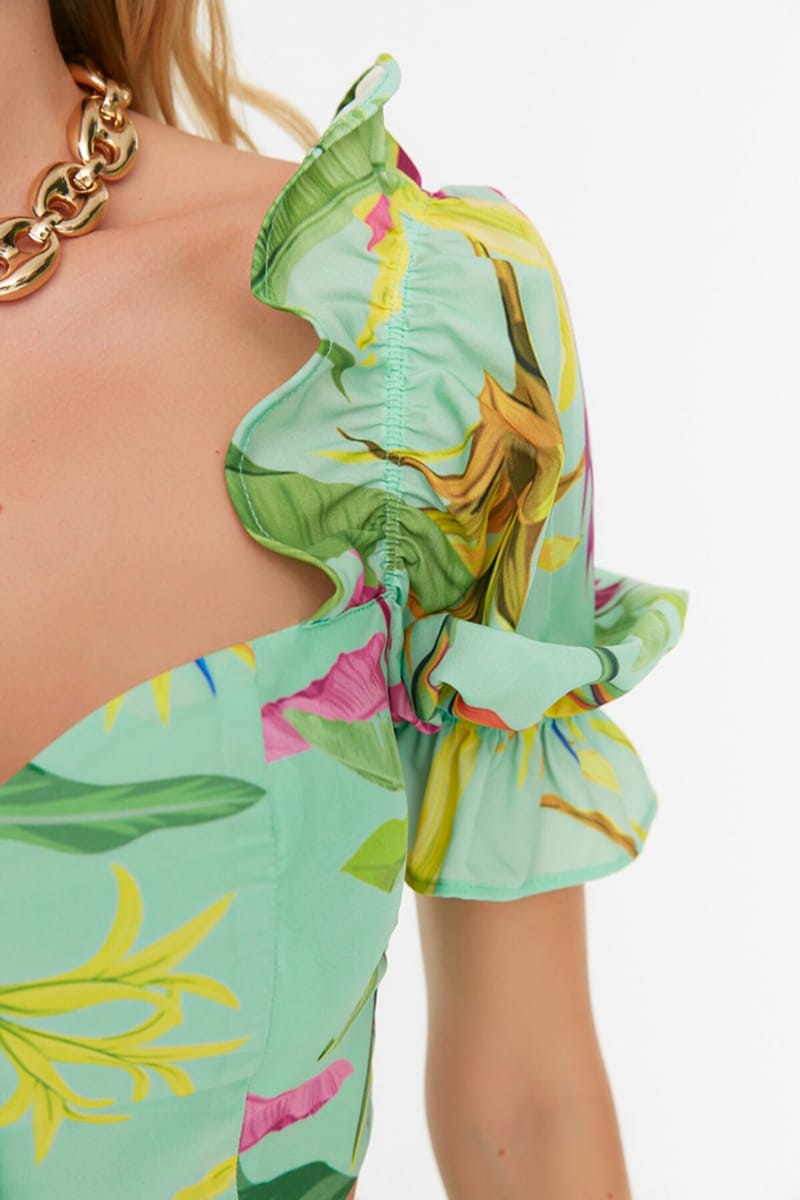 Floral Patterned Puff Sleeve Cropped Top & Skirt Set - Skirts Sets 21