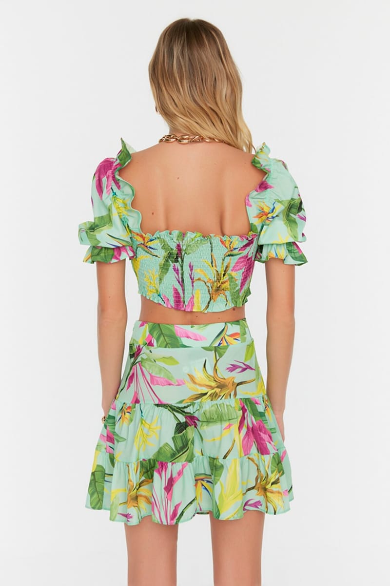 Floral Patterned Puff Sleeve Cropped Top & Skirt Set - Skirts Sets 22