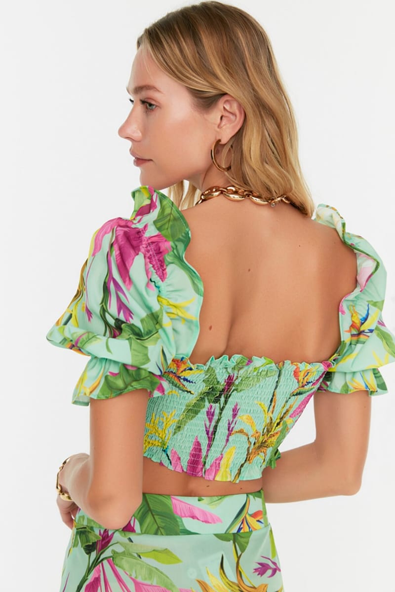 Floral Patterned Puff Sleeve Cropped Top & Skirt Set - Skirts Sets 23