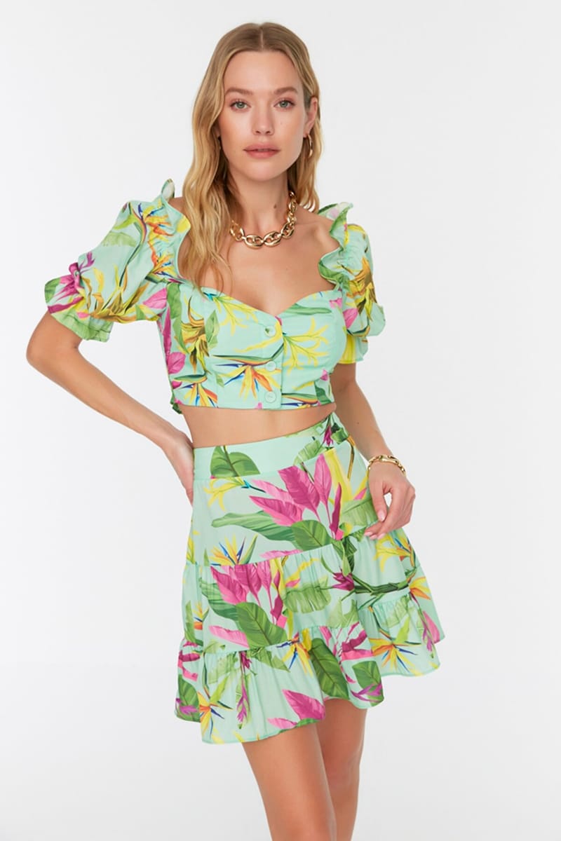 Floral Patterned Puff Sleeve Cropped Top & Skirt Set - Skirts Sets 24