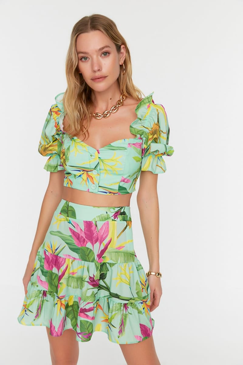 Floral Patterned Puff Sleeve Cropped Top & Skirt Set - Skirts Sets 20