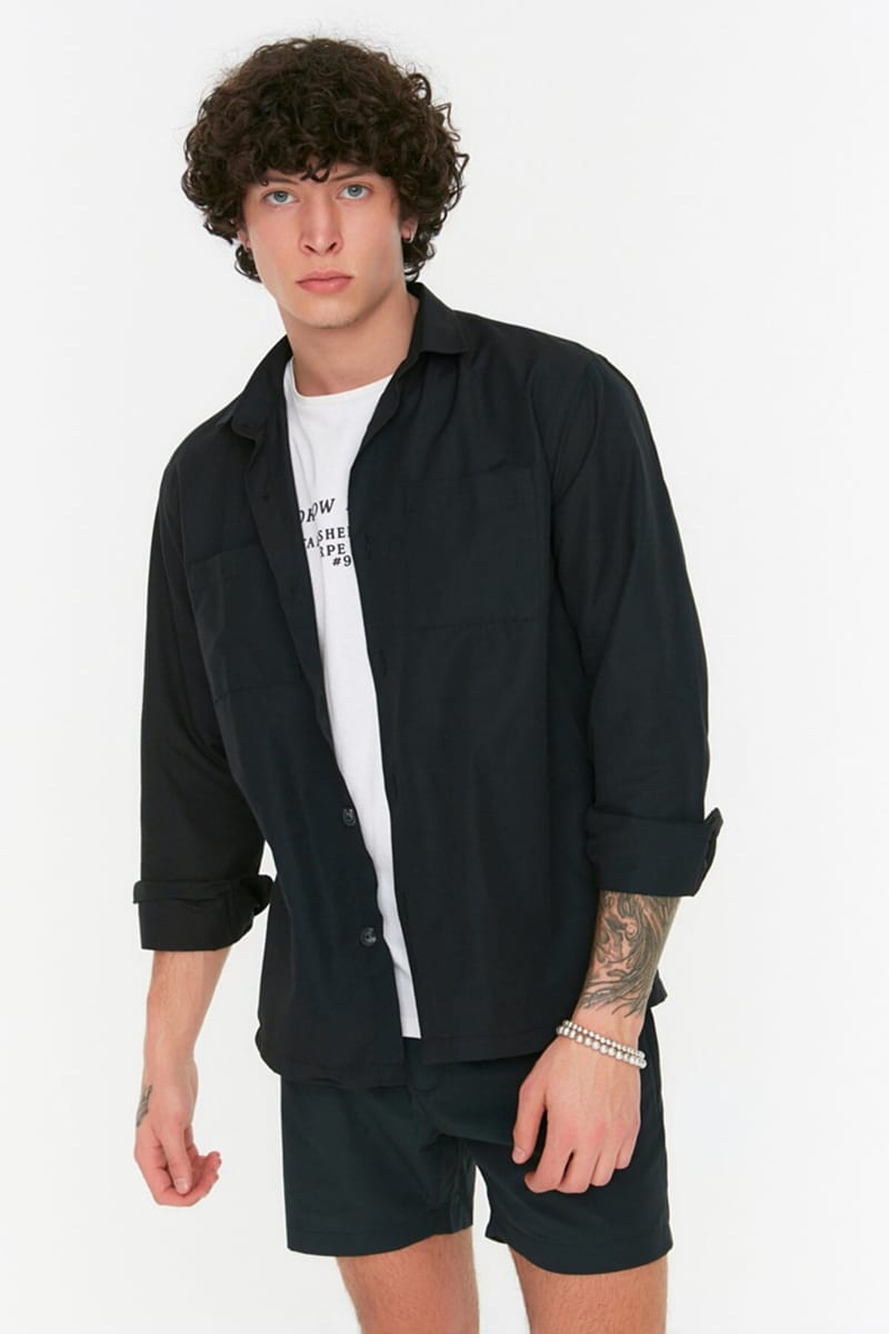 Black Double Pocket Relaxed Fit Men's Shirt - Long Sleeves Shirts 19