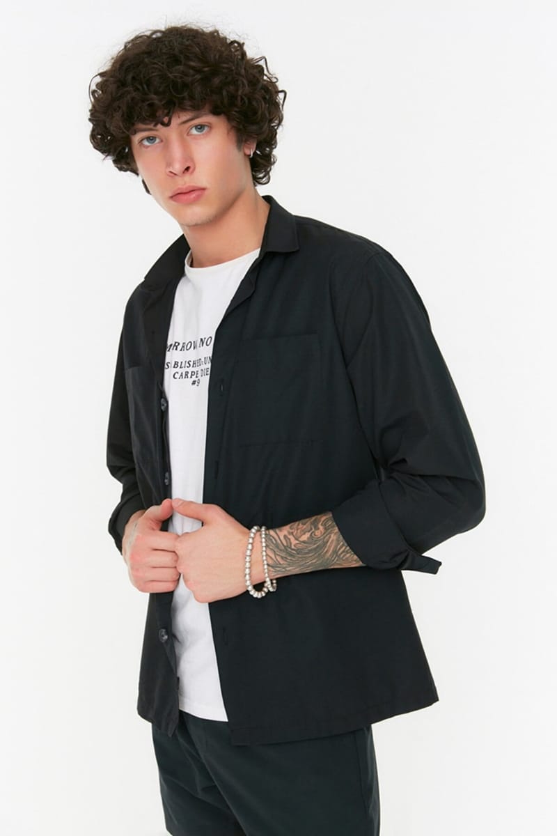 Black Double Pocket Relaxed Fit Men's Shirt - Long Sleeves Shirts 20