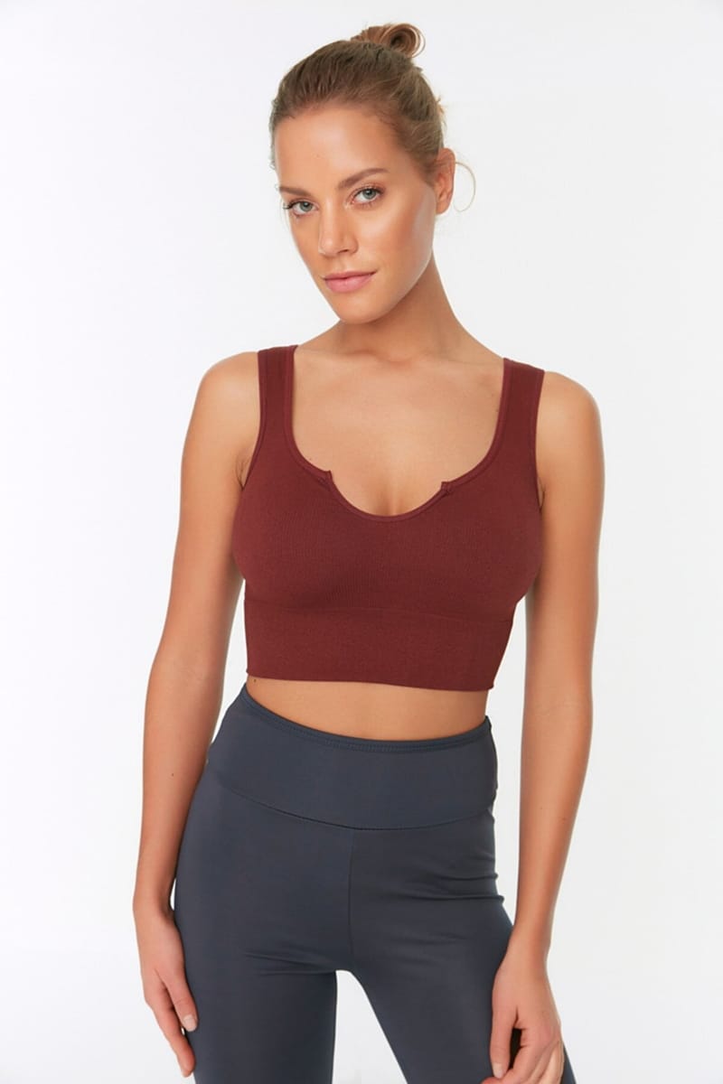 Brown Scoop Neck Knitted Sports Women's Bra - Sports Bra 16