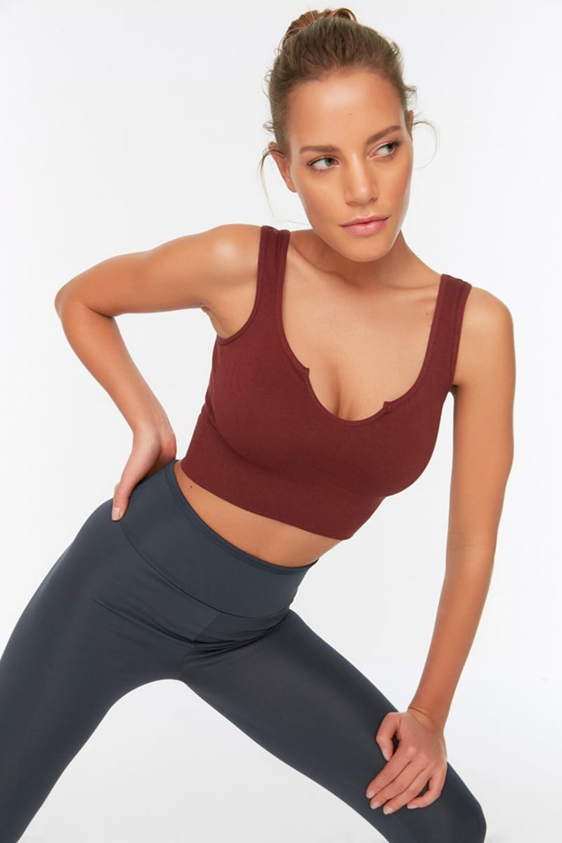 Brown Scoop Neck Knitted Sports Women's Bra - Sports Bra 14