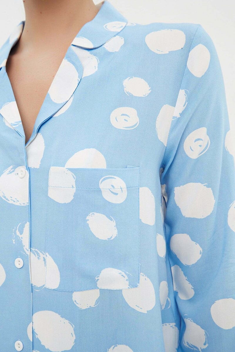 Baby Blue Pattern Knitted Short Women's Night Dresses Set - Loungewear 1