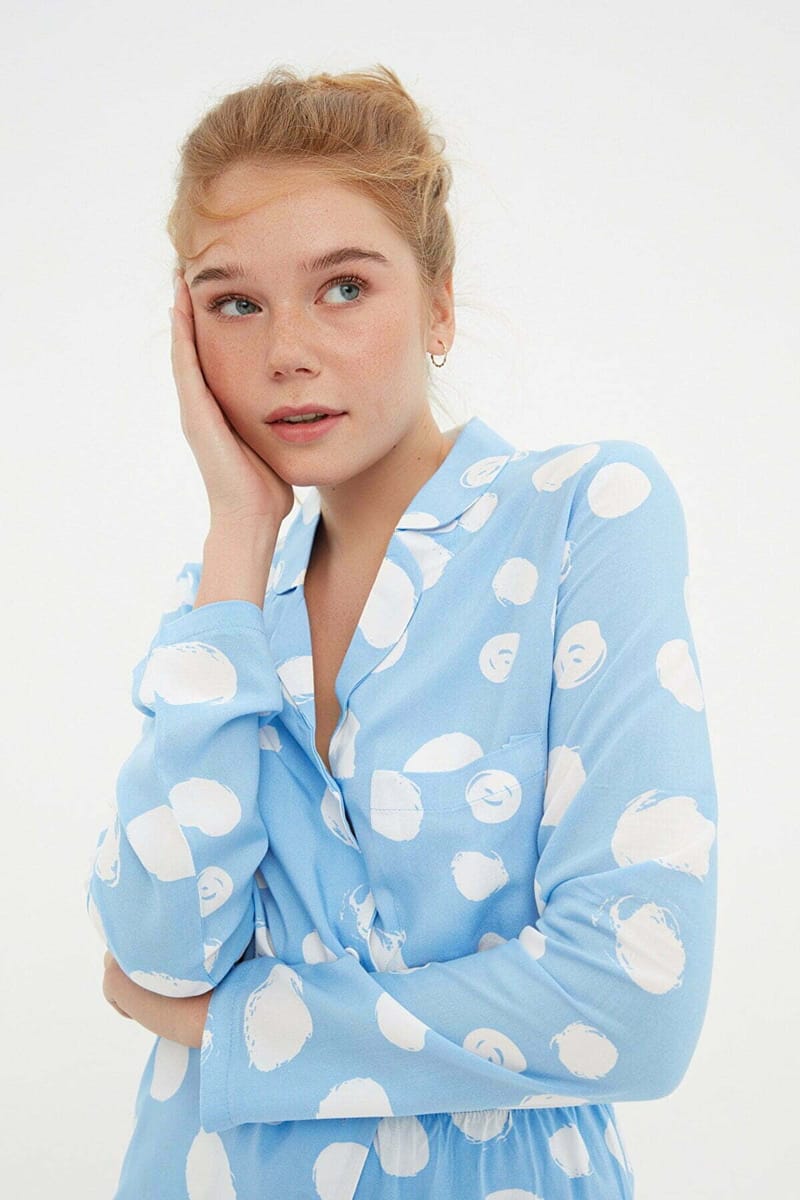 Baby Blue Pattern Knitted Short Women's Night Dresses Set - Loungewear 3