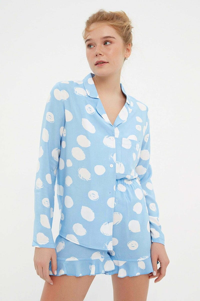 Baby Blue Pattern Knitted Short Women's Night Dresses Set - Loungewear 8