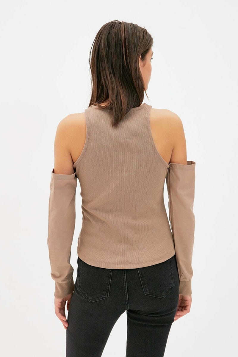 Beige Cold Shoulder Knitted Women's Top - Long Sleeve Tops 2