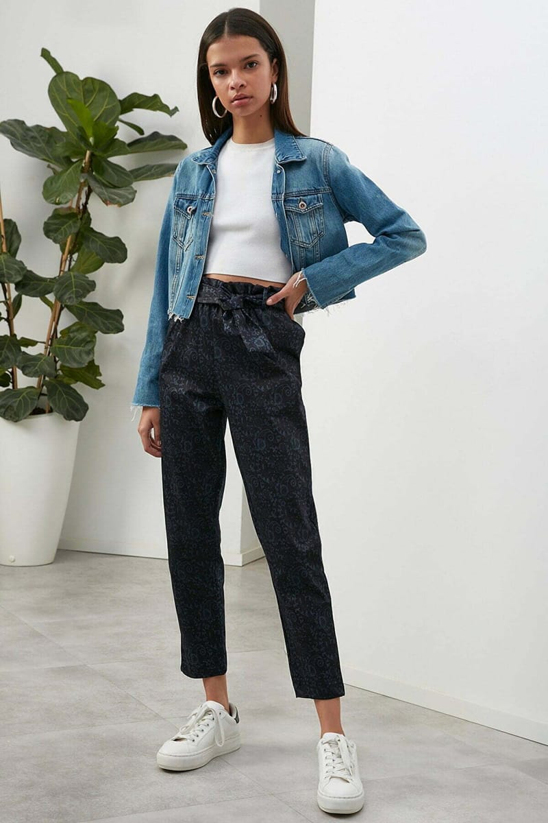 Belted Jacquard Woven Paperbag Trousers - Trousers 1