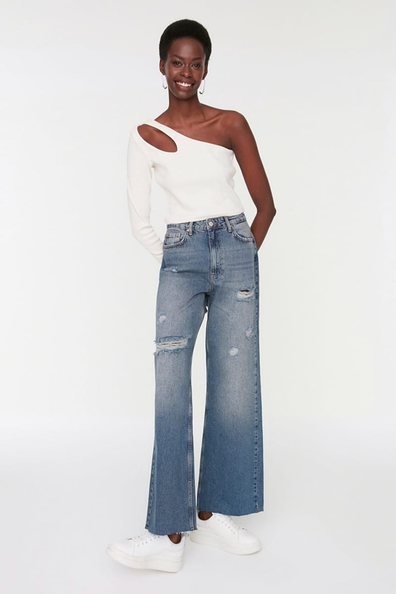 Blue Ripped High Rise Wide Leg Women's Jeans - Wide Leg Jeans 2