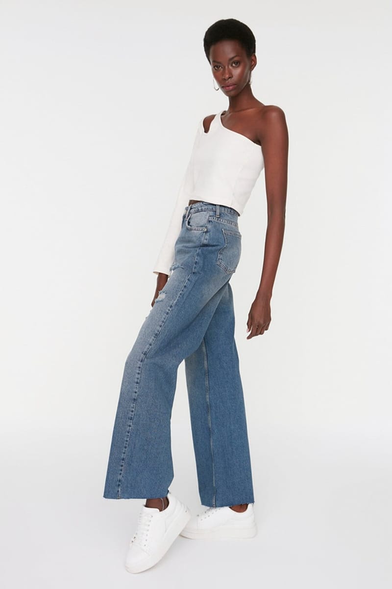 Blue Ripped High Rise Wide Leg Women's Jeans - Wide Leg Jeans 4