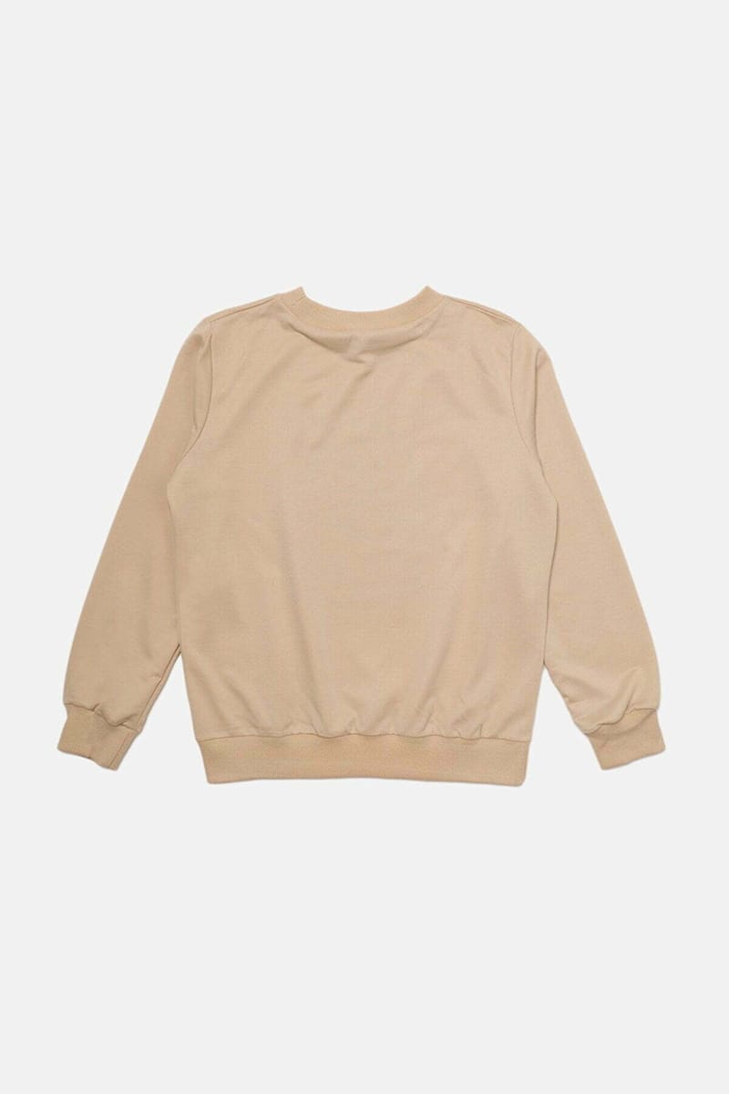 Beige Front Printed Crew Neck Long Sleeve Women's Sweatshirt - Sweatshirts 3