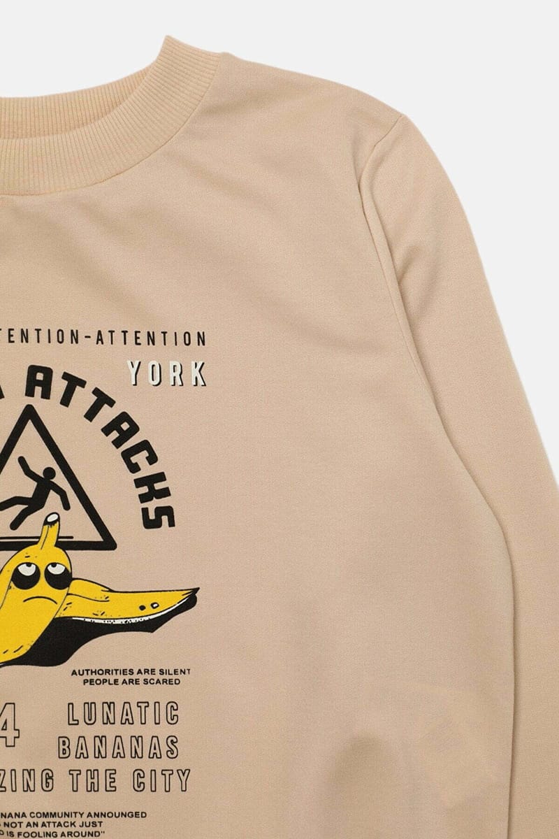 Beige Front Printed Crew Neck Long Sleeve Women's Sweatshirt - Sweatshirts 4
