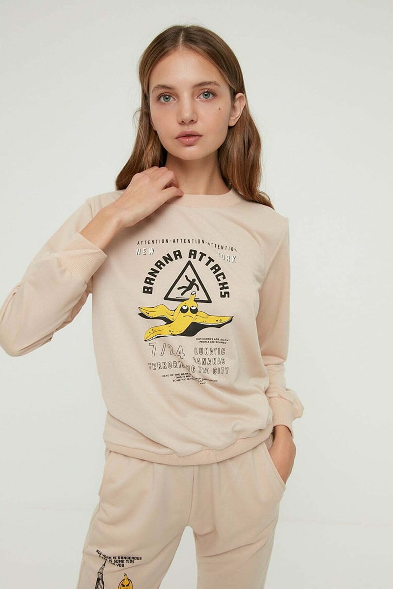 Beige Front Printed Crew Neck Long Sleeve Women's Sweatshirt - Sweatshirts 1