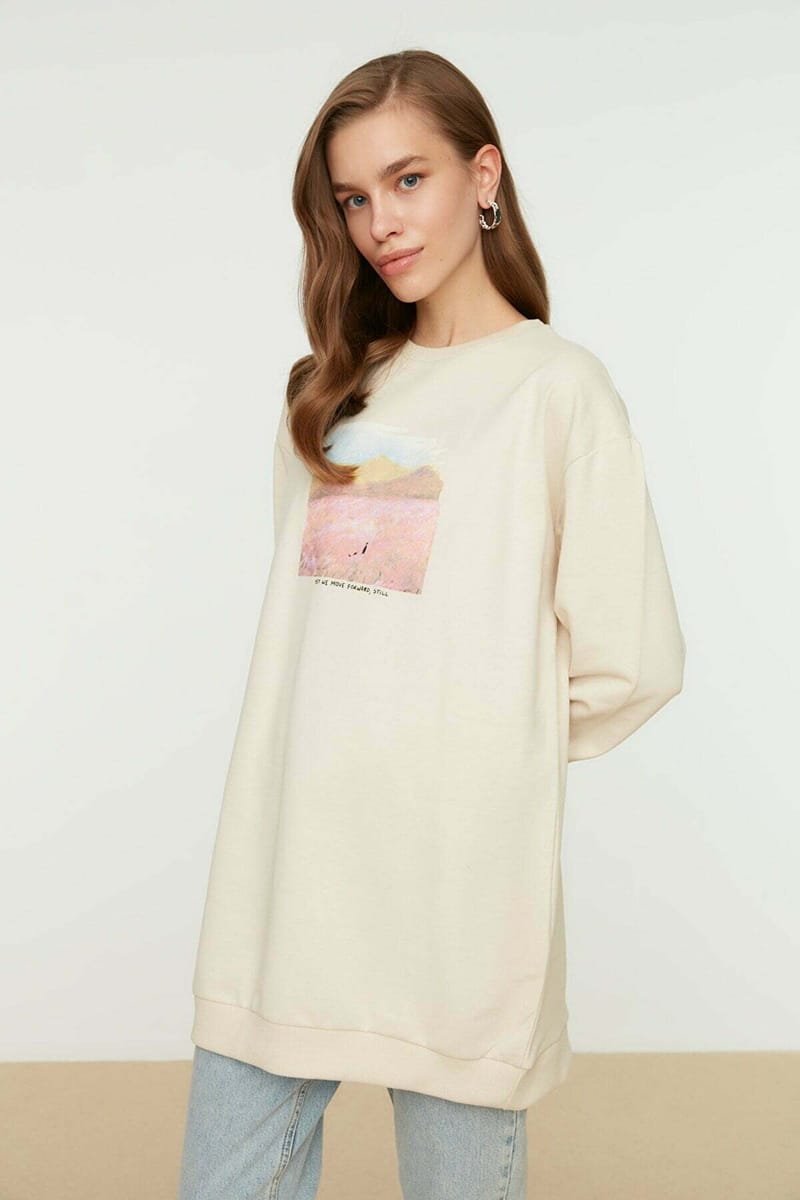 Beige Front Printed Knitted Tunic Women's Sweatshirt - Sweatshirts 3