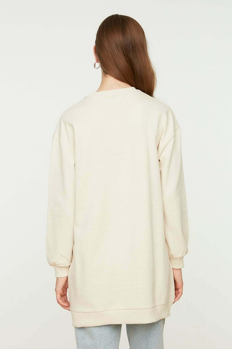Beige Front Printed Knitted Tunic Women's Sweatshirt - Sweatshirts 4