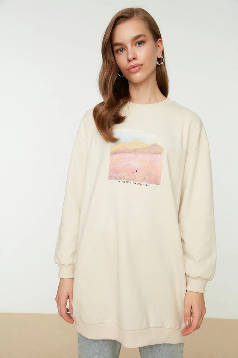 Beige Front Printed Knitted Tunic Women's Sweatshirt - Sweatshirts 8