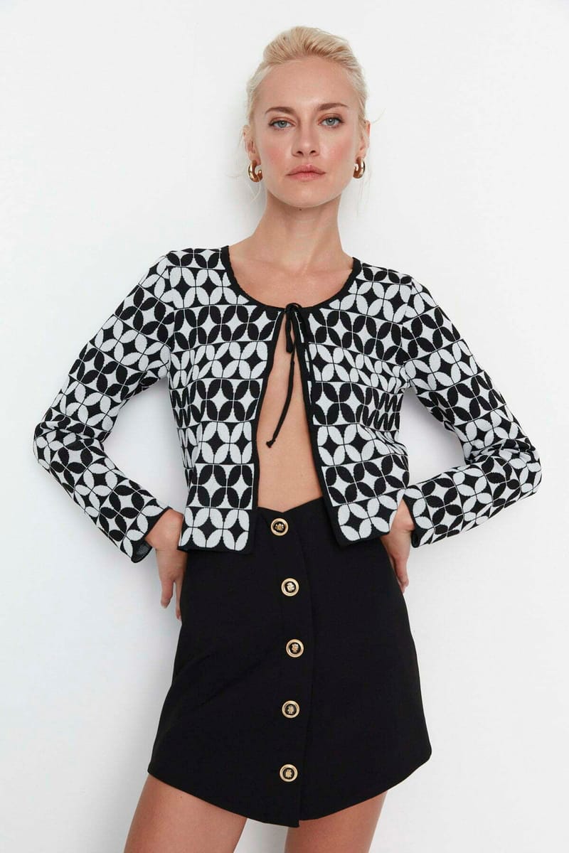 Printed Tie Detail Crop Cardigan - Cardigans 35