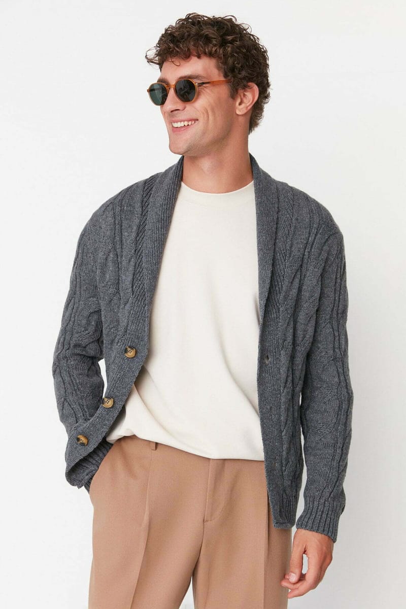Cable Knit Shawl Neck Cardigan - Cardigans 20