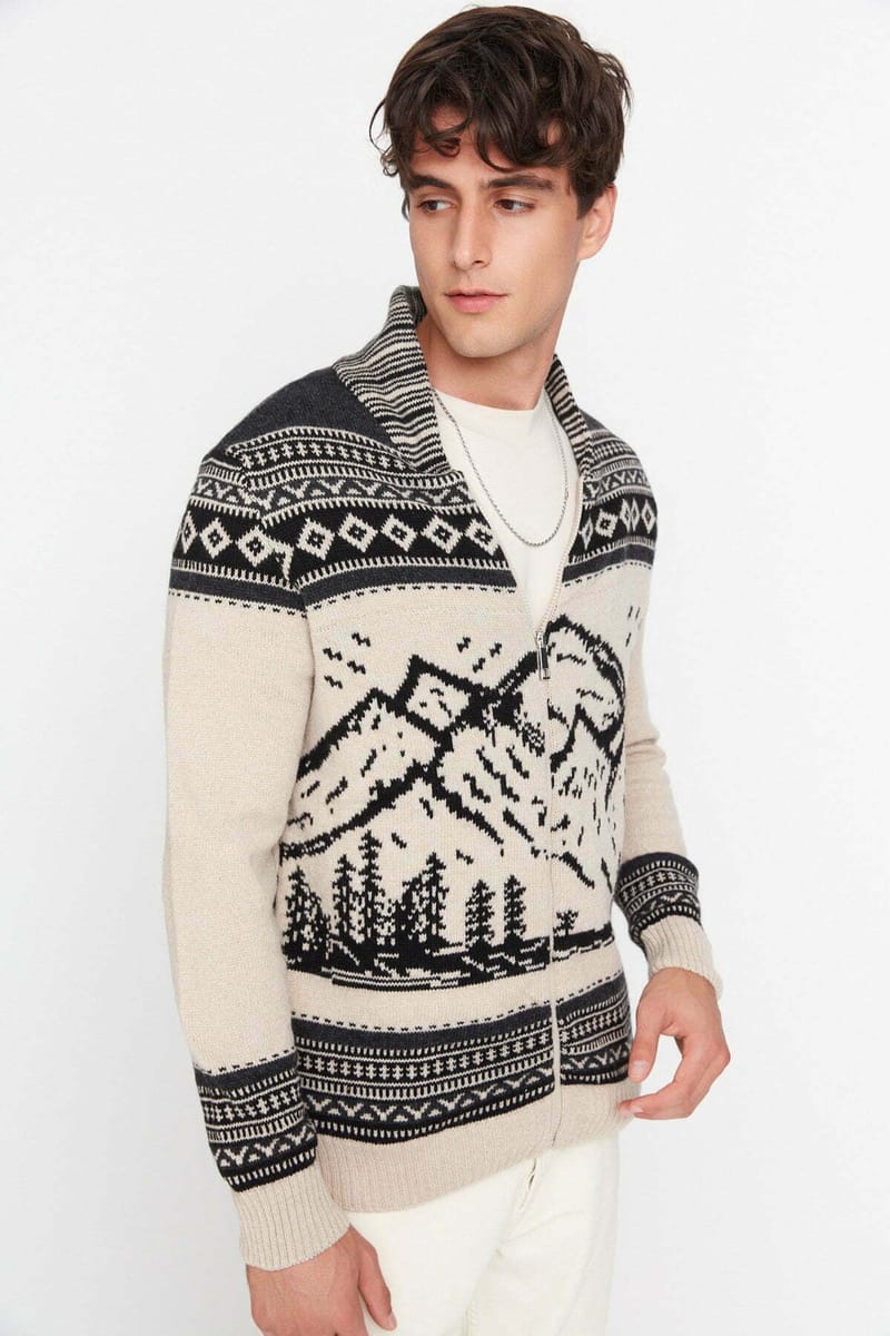 Slim Fit Landscape Patterned Cardigan - Cardigans 21