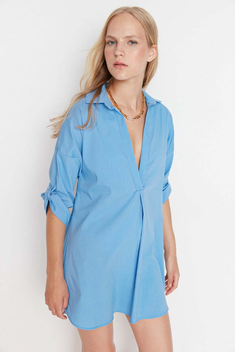 Knitted Shirt Dress - Mini Dresses 21