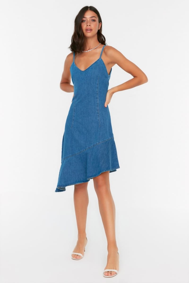 Strappy Asymmetric Denim Dress - Mini Dresses 21