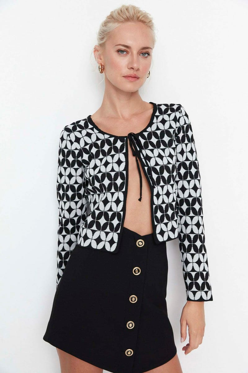Printed Tie Detail Crop Cardigan - Cardigans 36