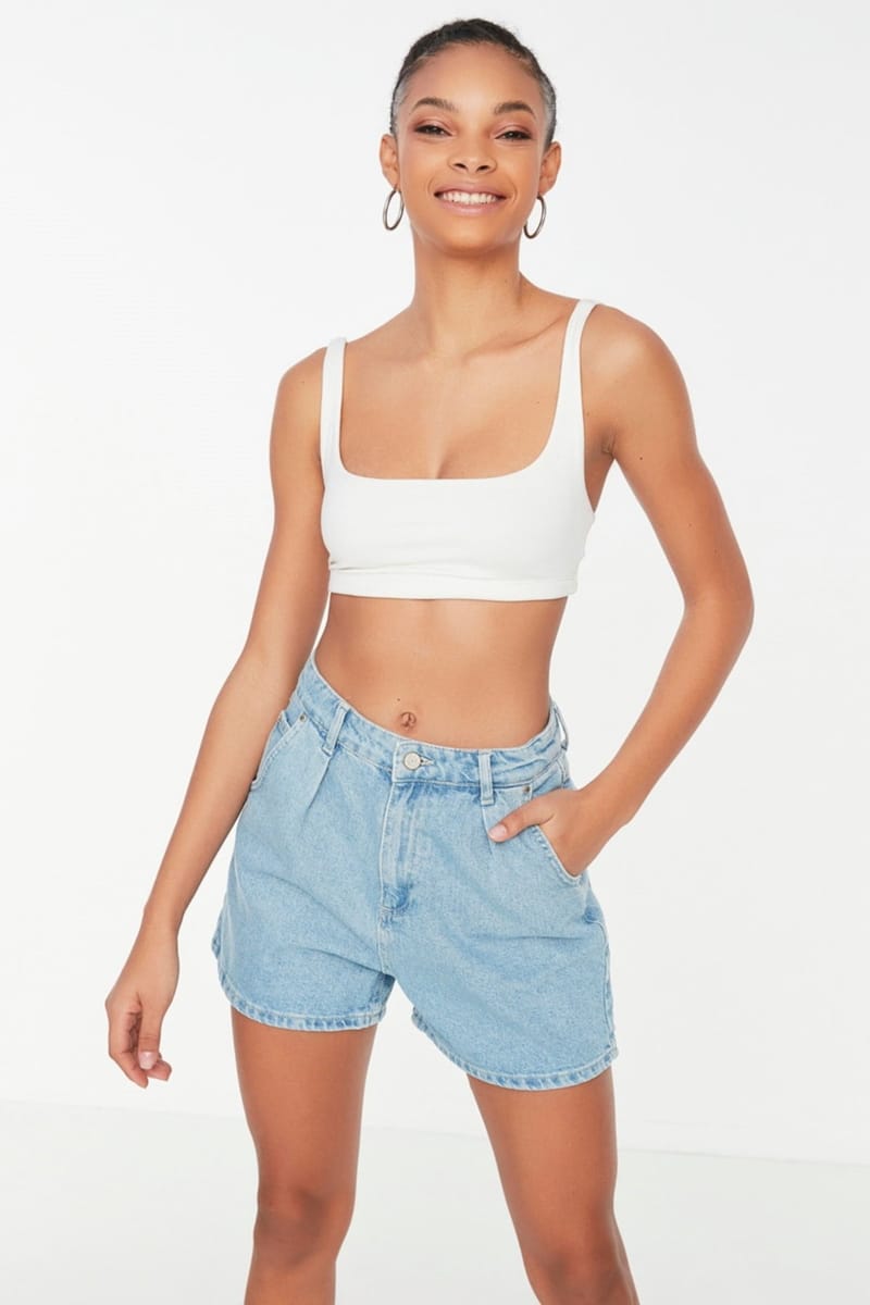 Pleated Cotton Denim Shorts - Denim Shorts 34