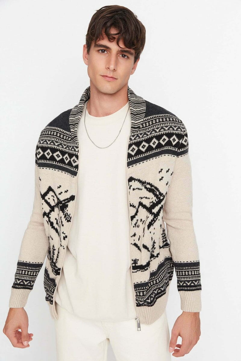 Slim Fit Landscape Patterned Cardigan - Cardigans 22