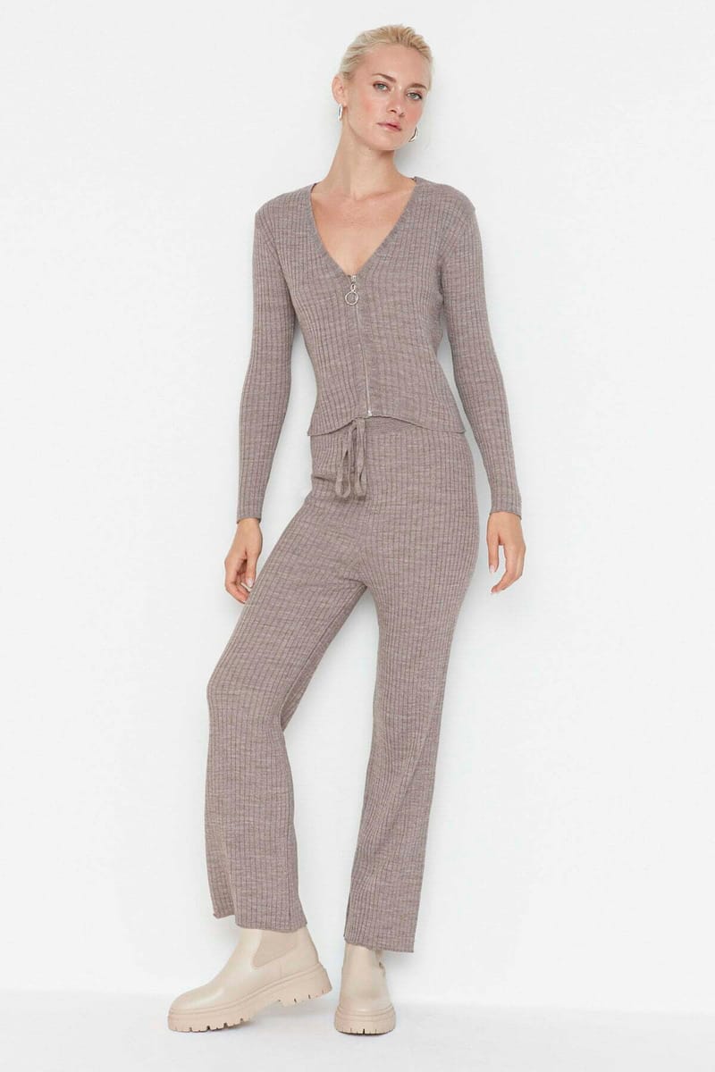 Zip Detail Ribbed Top & Pants Set - Co-ord Sets 36