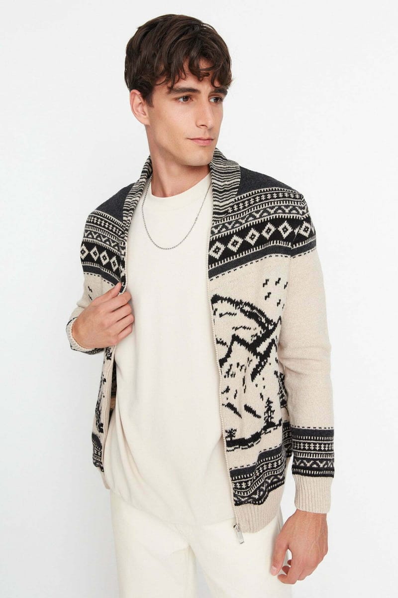 Slim Fit Landscape Patterned Cardigan - Cardigans 20