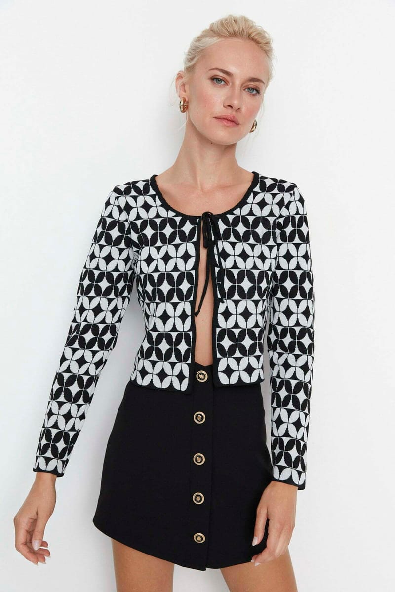 Printed Tie Detail Crop Cardigan - Cardigans 39