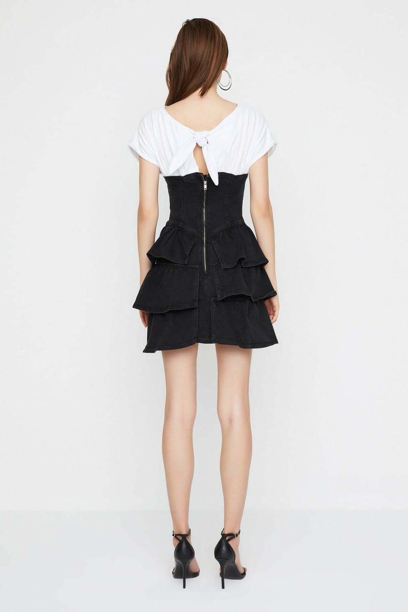 Crew Neck Colorblock Denim Dress - Mini Dresses 23