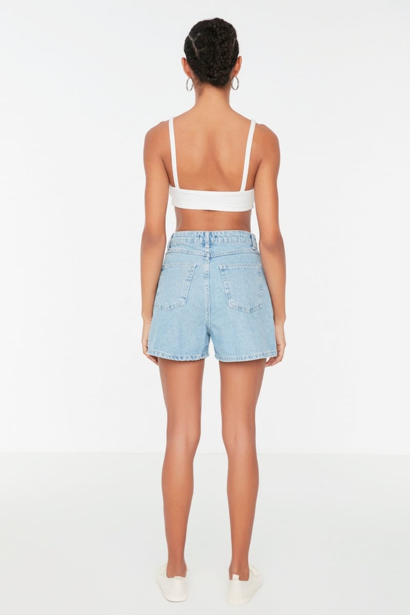 Pleated Cotton Denim Shorts - Denim Shorts 38