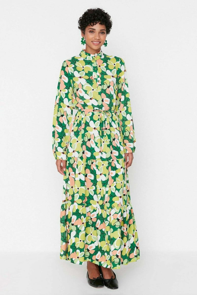 Green High Neck Floral Print Long Sleeve Women's Dress - Maxi Dresses 21
