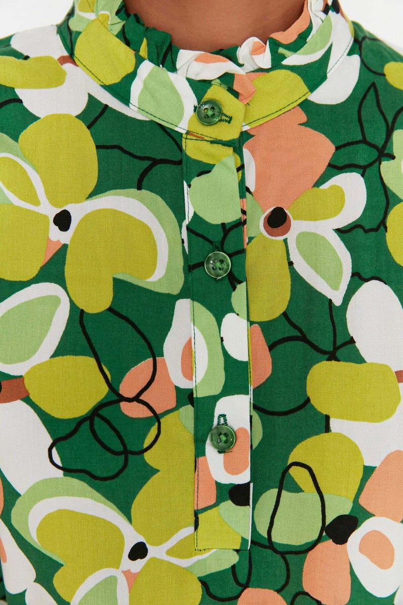 Green High Neck Floral Print Long Sleeve Women's Dress - Maxi Dresses 23