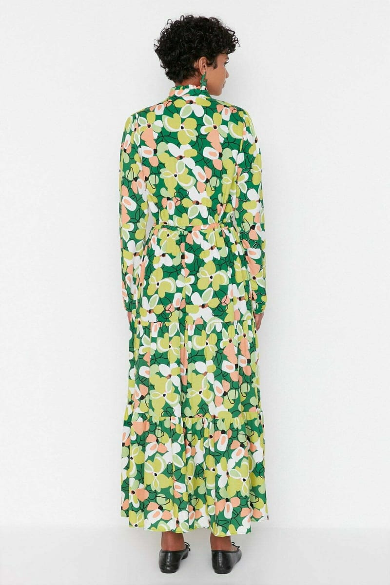 Green High Neck Floral Print Long Sleeve Women's Dress - Maxi Dresses 24