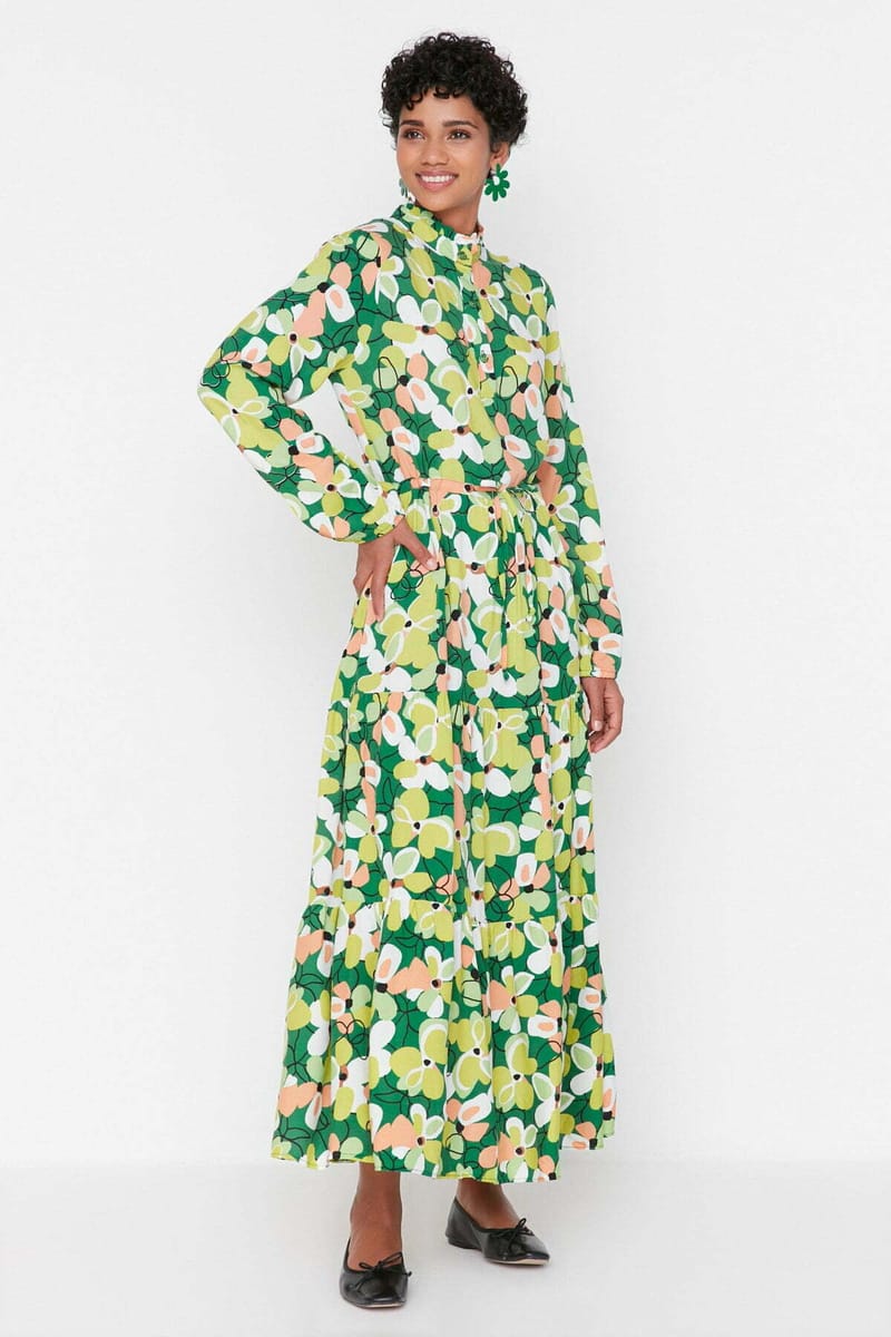Green High Neck Floral Print Long Sleeve Women's Dress - Maxi Dresses 20