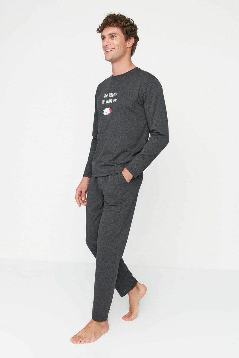 Printed Regular Fit Knitted Pajamas Set Trendyol - Men's Co-ord Sets 26