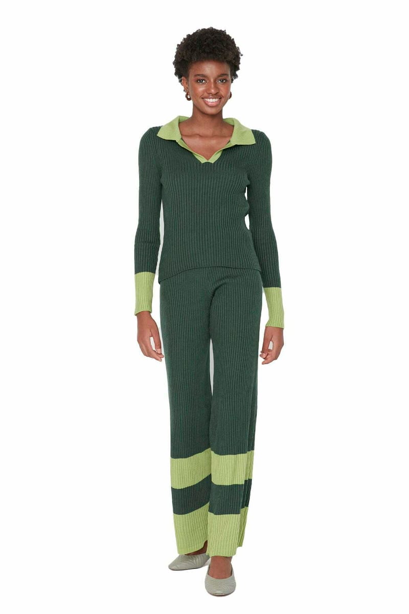 Turtle Neck Top And Pant Color Block Women's Knitwear Co-Ord Set - Co-ord Sets 59