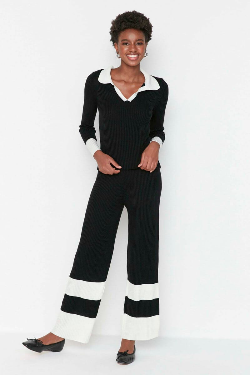 Turtle Neck Top And Pant Color Block Women's Knitwear Co-Ord Set - Co-ord Sets 40