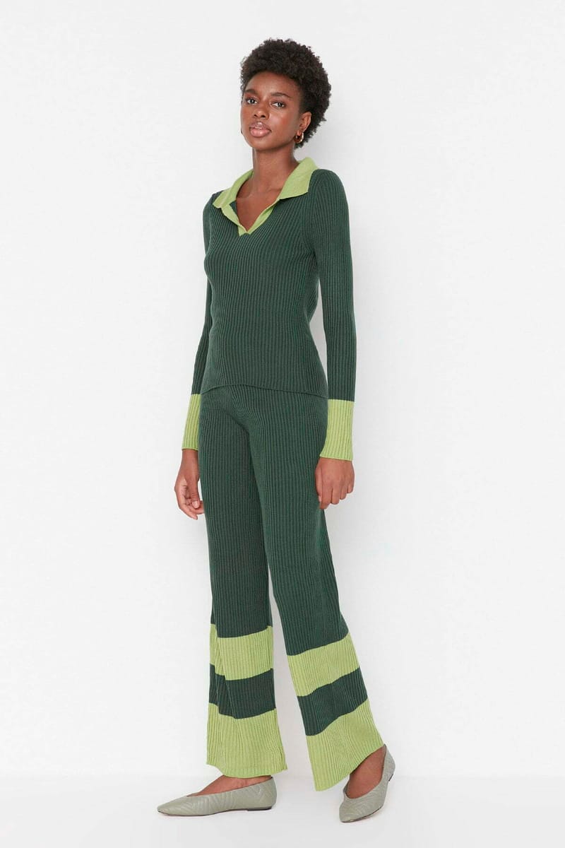 Turtle Neck Top And Pant Color Block Women's Knitwear Co-Ord Set - Co-ord Sets 55