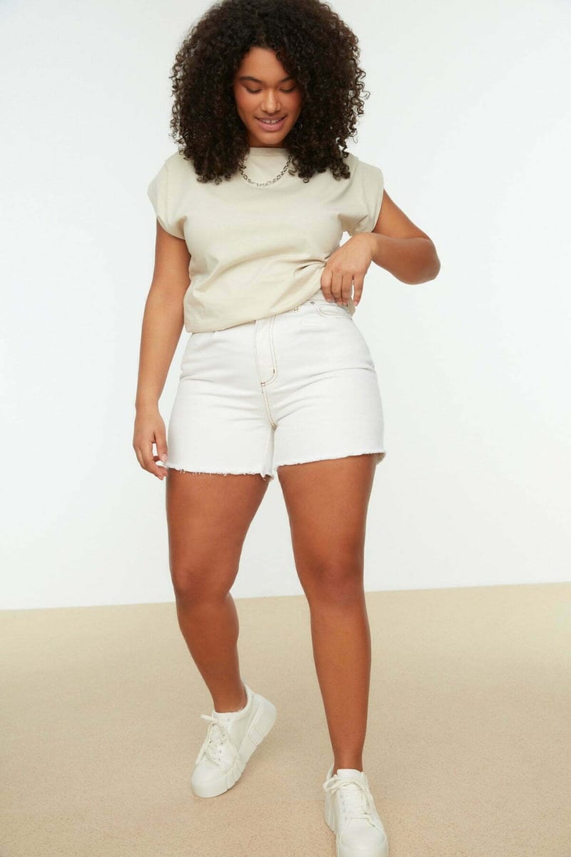 White Raw Edge Hem Line High Waist Denim Women's Shorts - Denim Shorts 17
