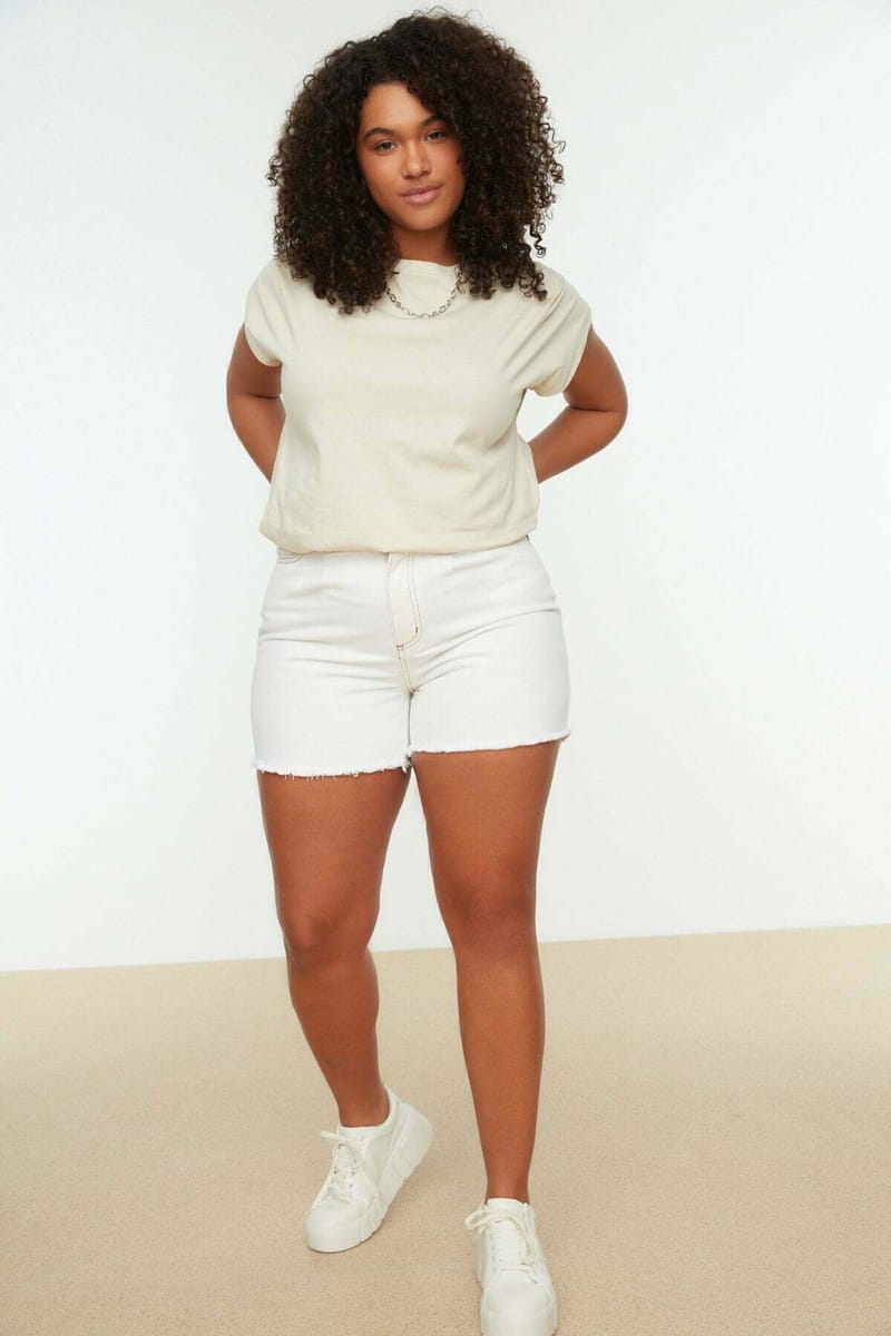 White Raw Edge Hem Line High Waist Denim Women's Shorts - Denim Shorts 15
