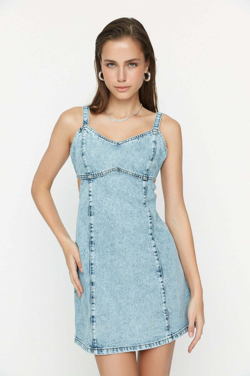 Cut Out Detailed Strap Denim Dress - Mini Dresses 16
