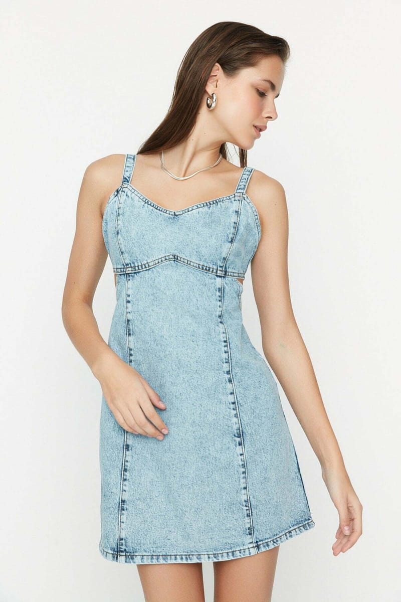 Cut Out Detailed Strap Denim Dress - Mini Dresses 17