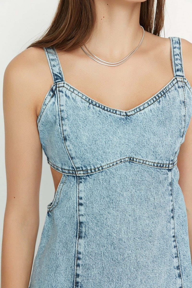 Cut Out Detailed Strap Denim Dress - Mini Dresses 18
